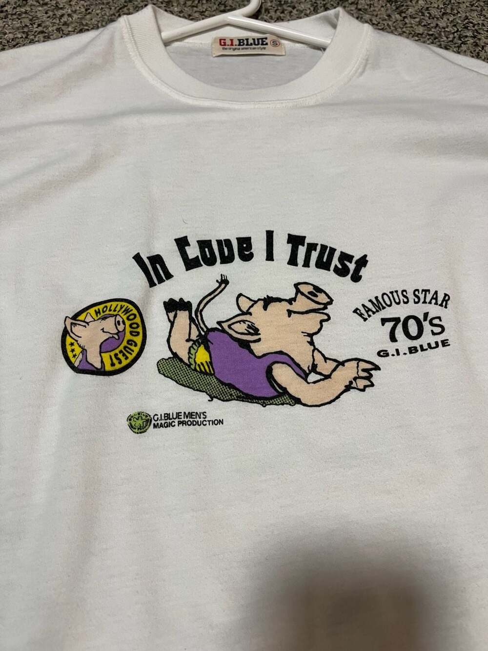 G.I. Blue T-Shirt Size S In Love I Trust Pig Graphic White